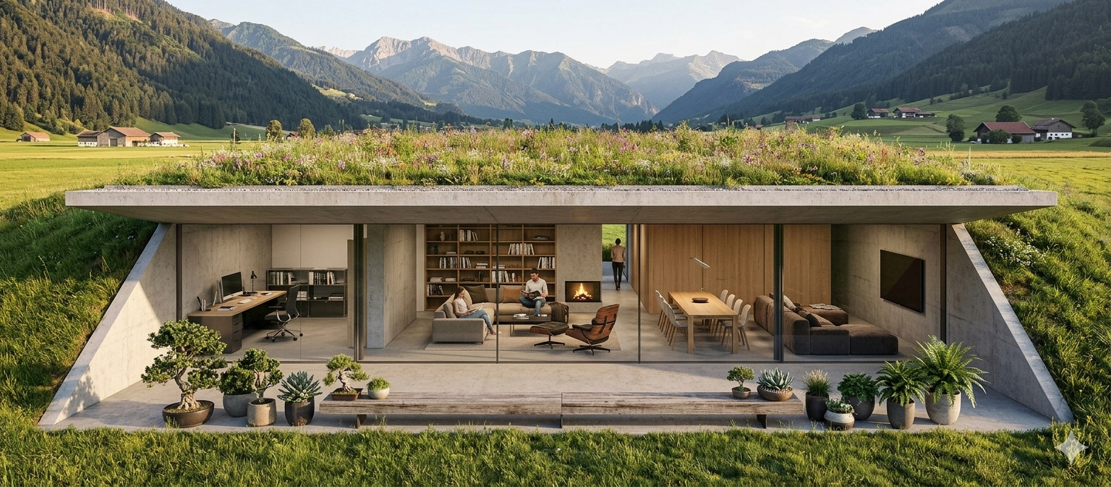 Erdhaus Frontansicht Sommer