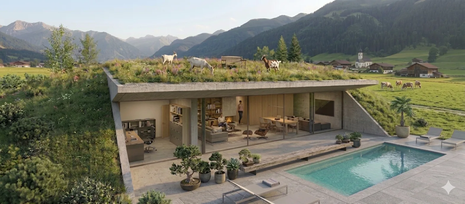 Erdhaus mit Pool Sommer